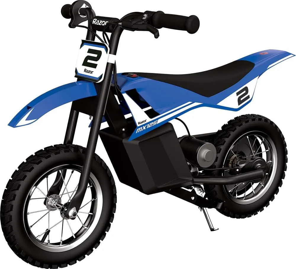 Razor MX125 Dirt Rocket Electric-Powered Bike with Authentic Motocross Geometry, Rear-Wheel Drive,100-watt, high-Torque, Chain-Driven Motor, for Kids 7 , Blue