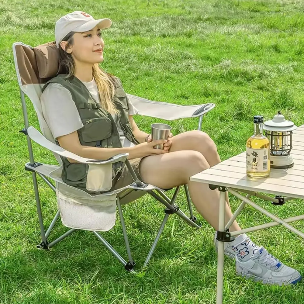 Reclining Camping Chair with Foot Rest, Portable Adjustable Folding Chairs with Headrest & Cup Holders & Storage Bag, Supports up to 330 pounds, for Camping Fishing and Other Outdoor