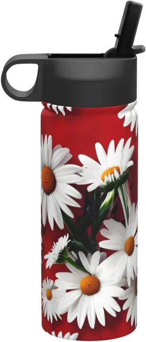 Red Flower and White Daisy Print Flask Stainless Steel Water Bottle with Straw 18OZ FOR Outdoor Gym Commute