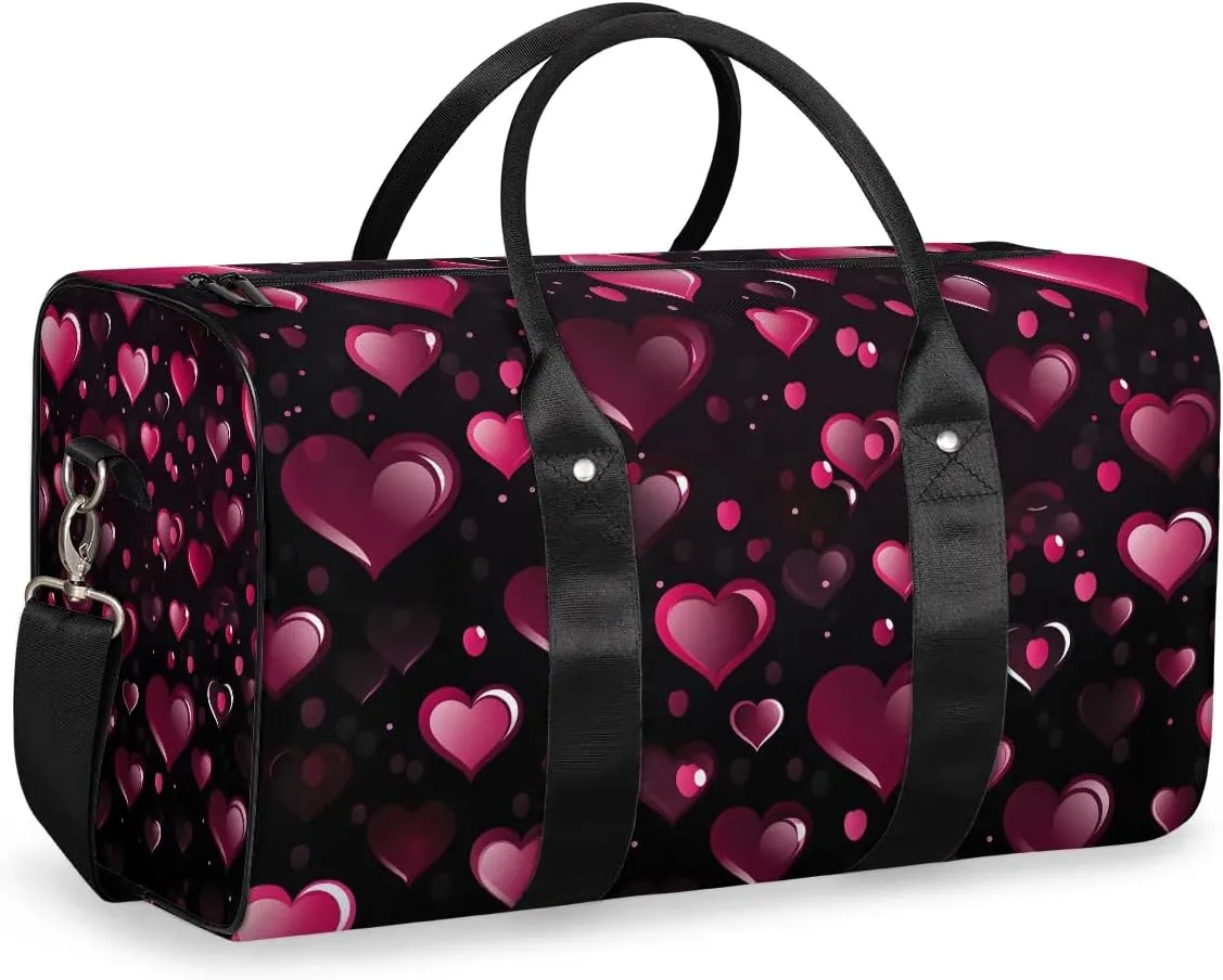 Red Heart Shape Valentines Day Travel Duffel Bag for Women Men Waterproof Foldable Overnight Weekender Bag Large Capacity Sports Gym Bag