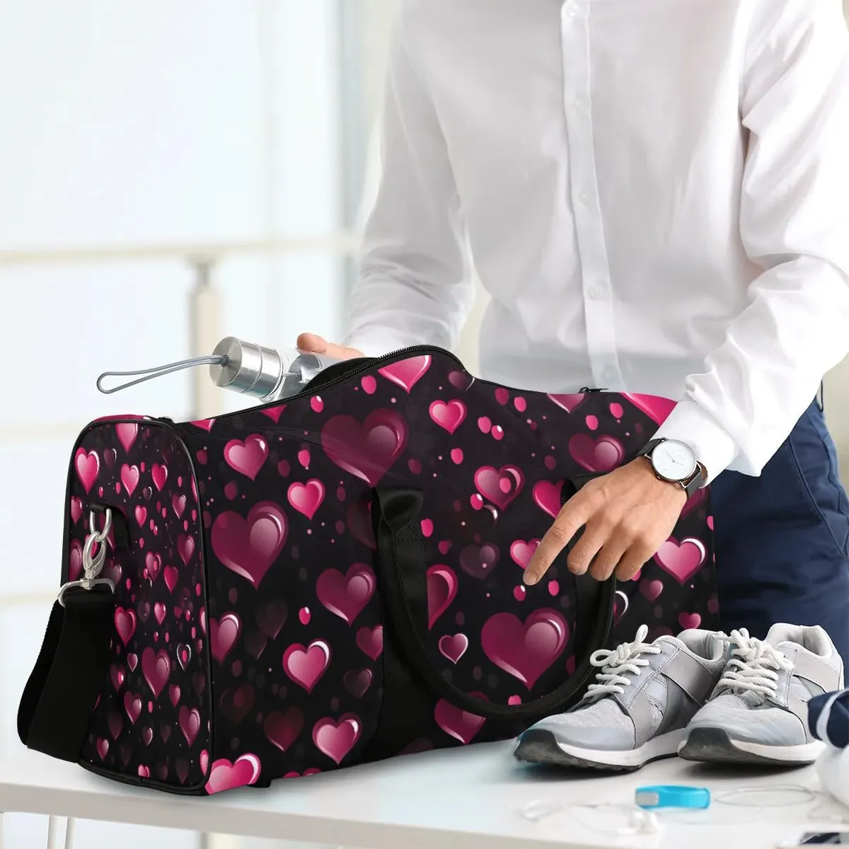 Red Heart Shape Valentines Day Travel Duffel Bag for Women Men Waterproof Foldable Overnight Weekender Bag Large Capacity Sports Gym Bag