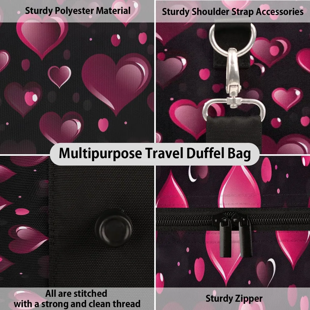 Red Heart Shape Valentines Day Travel Duffel Bag for Women Men Waterproof Foldable Overnight Weekender Bag Large Capacity Sports Gym Bag