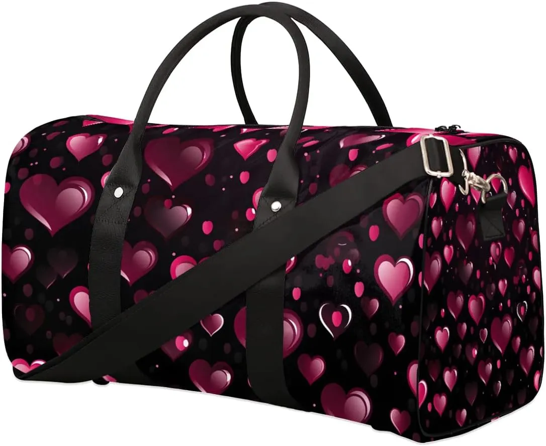 Red Heart Shape Valentines Day Travel Duffel Bag for Women Men Waterproof Foldable Overnight Weekender Bag Large Capacity Sports Gym Bag