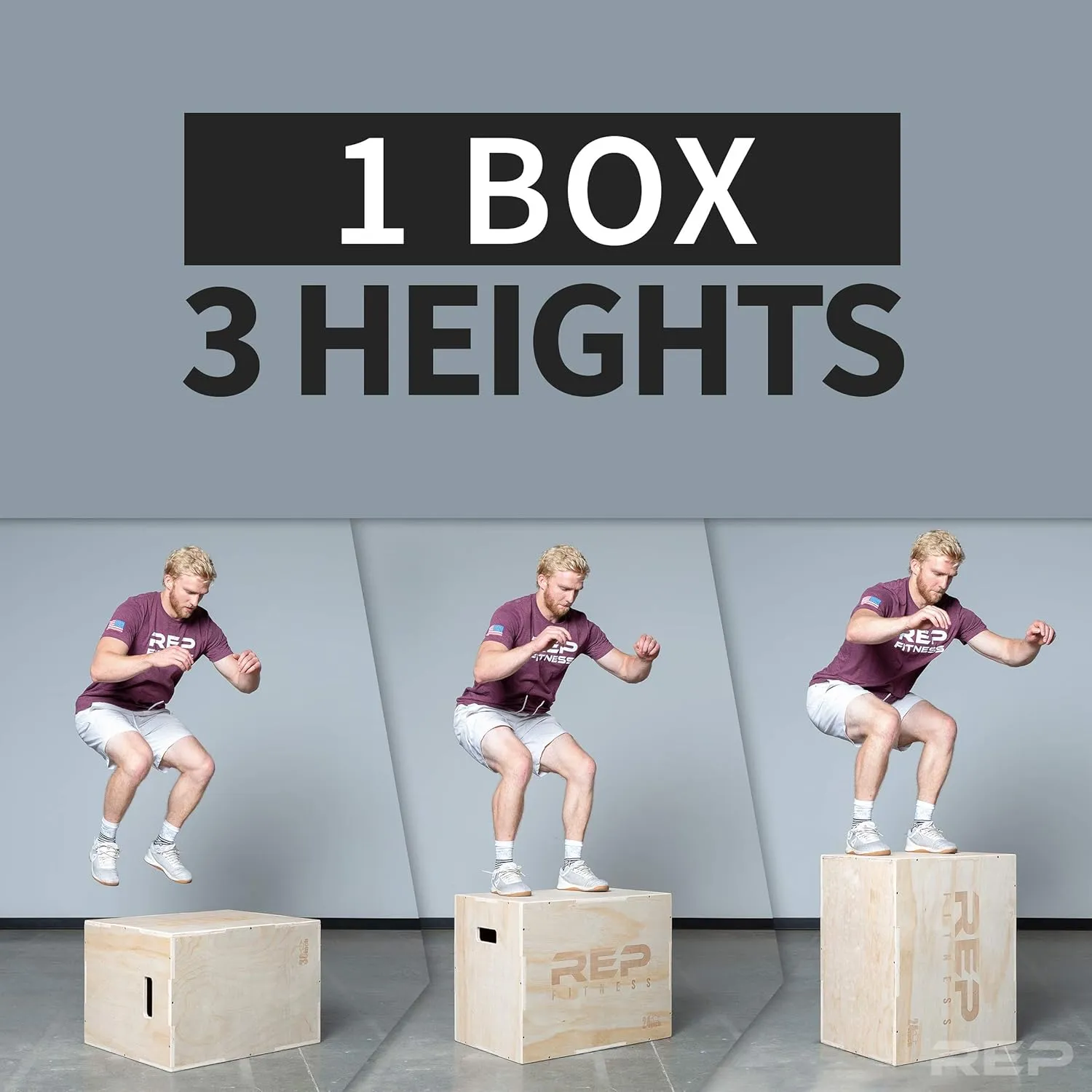REP FITNESS Unassembled 3 in 1 Wood Plyometric Box for Jump Training and Conditioning 30/24/20, 24/20/16, 20/18/16, 16/14/12 …