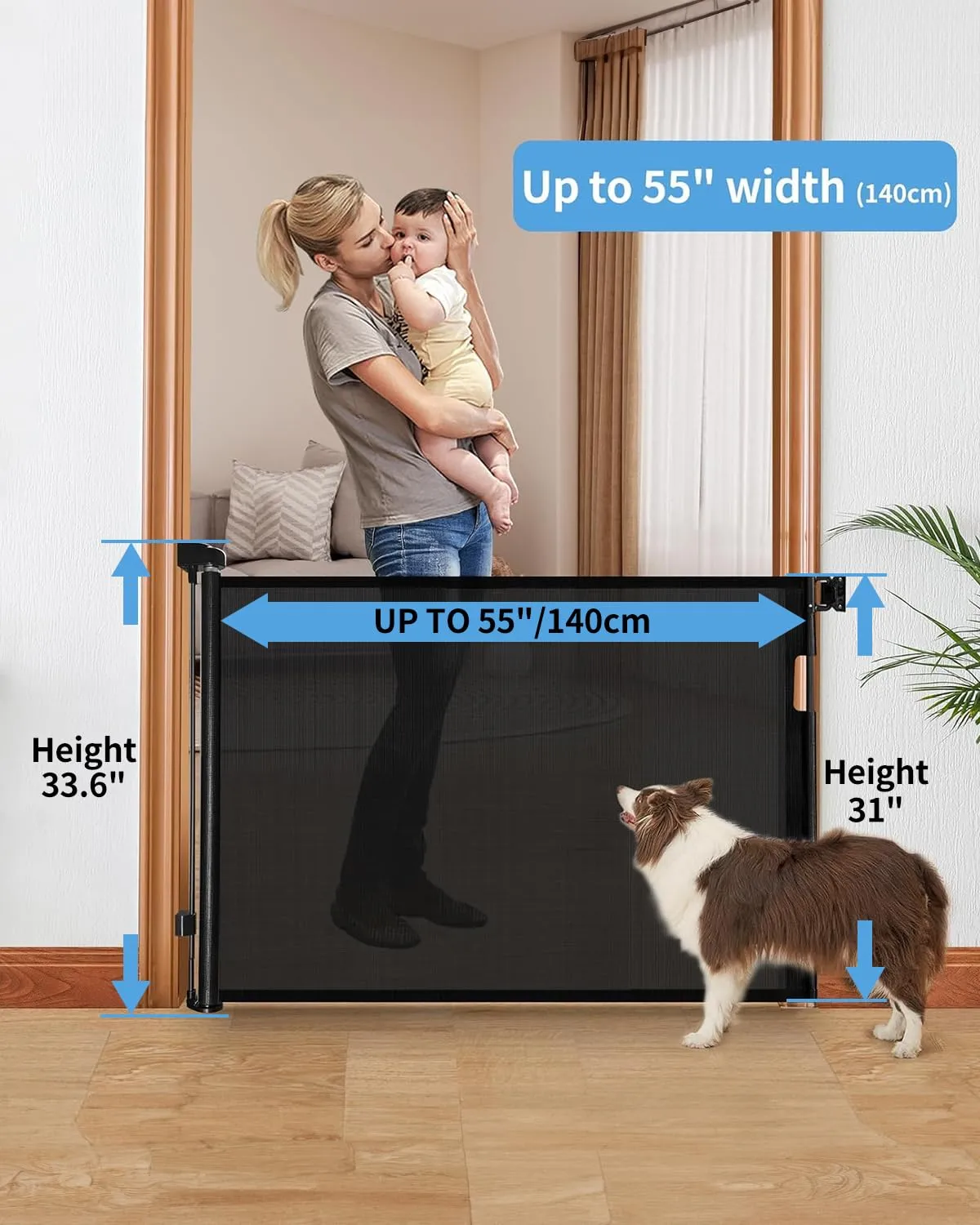 Retractable Baby Gate,Mesh Baby Gate or Mesh Dog Gate,33" Tall,Extends up to 55" Wide,Child Safety Gate for Doorways, Stairs, Hallways, Indoor/Outdoor（Black,33"x55"