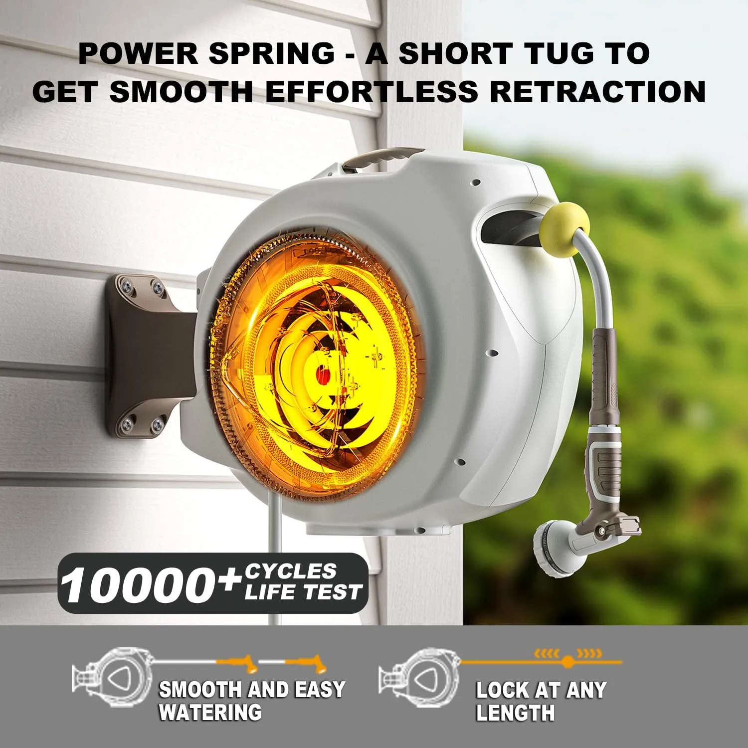 Retractable Garden Hose Reel, 5/8 in 100 6 ft, Heavy Duty Wall Mounted Water Hose Reel, Spring Power Automatic Rewind, Any Length Lock, 180° Swivel Bracket, 10 Pattern Spray Nozzle
