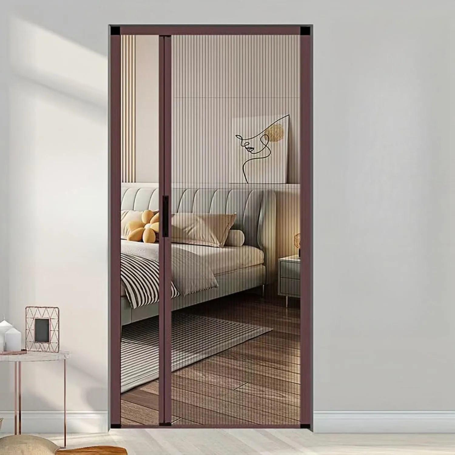 Retractable Screen Door,No-Drilling Folding Screen Door for Single or Double Door,Low-Profile Tracks Sliding Door with Aluminum Frame,Keeping Insects Out,Custom Size (Brown)