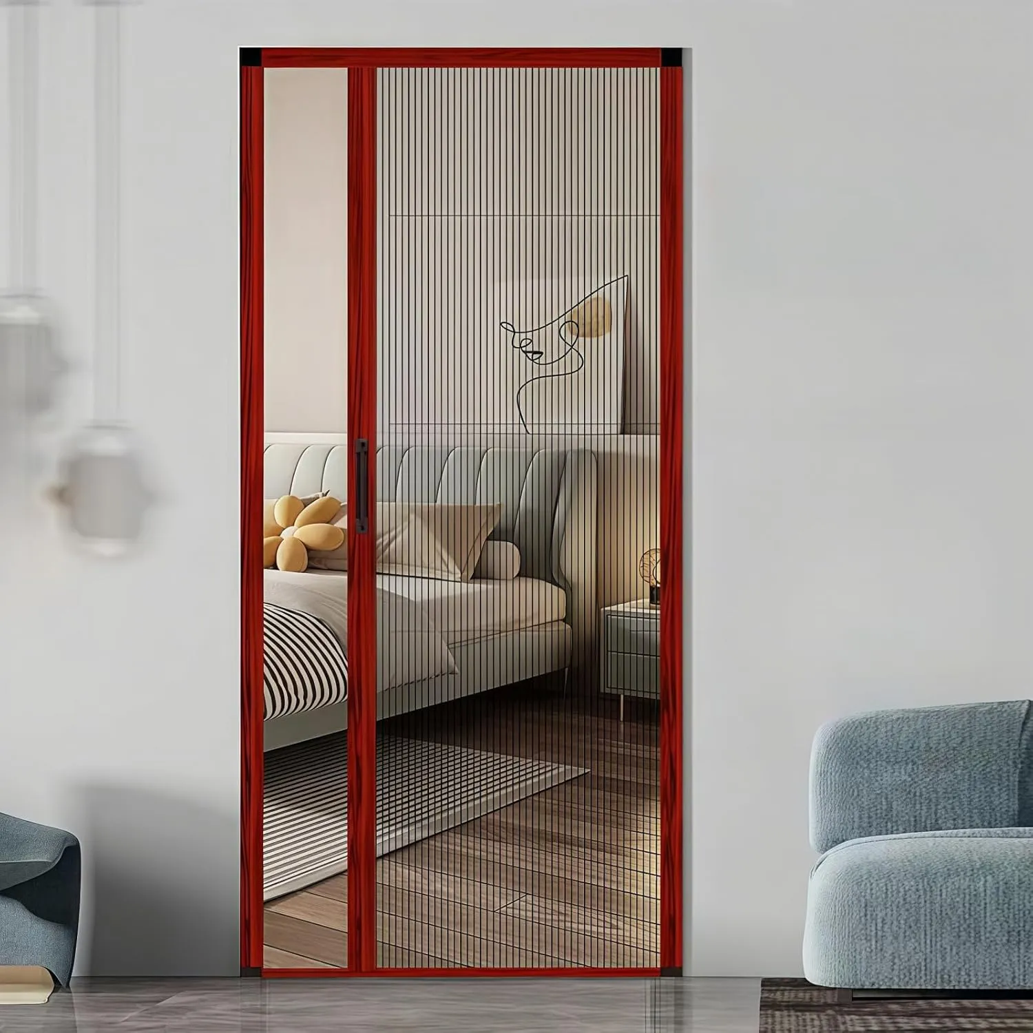 Retractable Screen Door,No-Drilling Folding Screen Door for Single or Double Door,Low-Profile Tracks Sliding Door with Aluminum Frame,Keeping Insects Out,Custom Size (Mahogany)