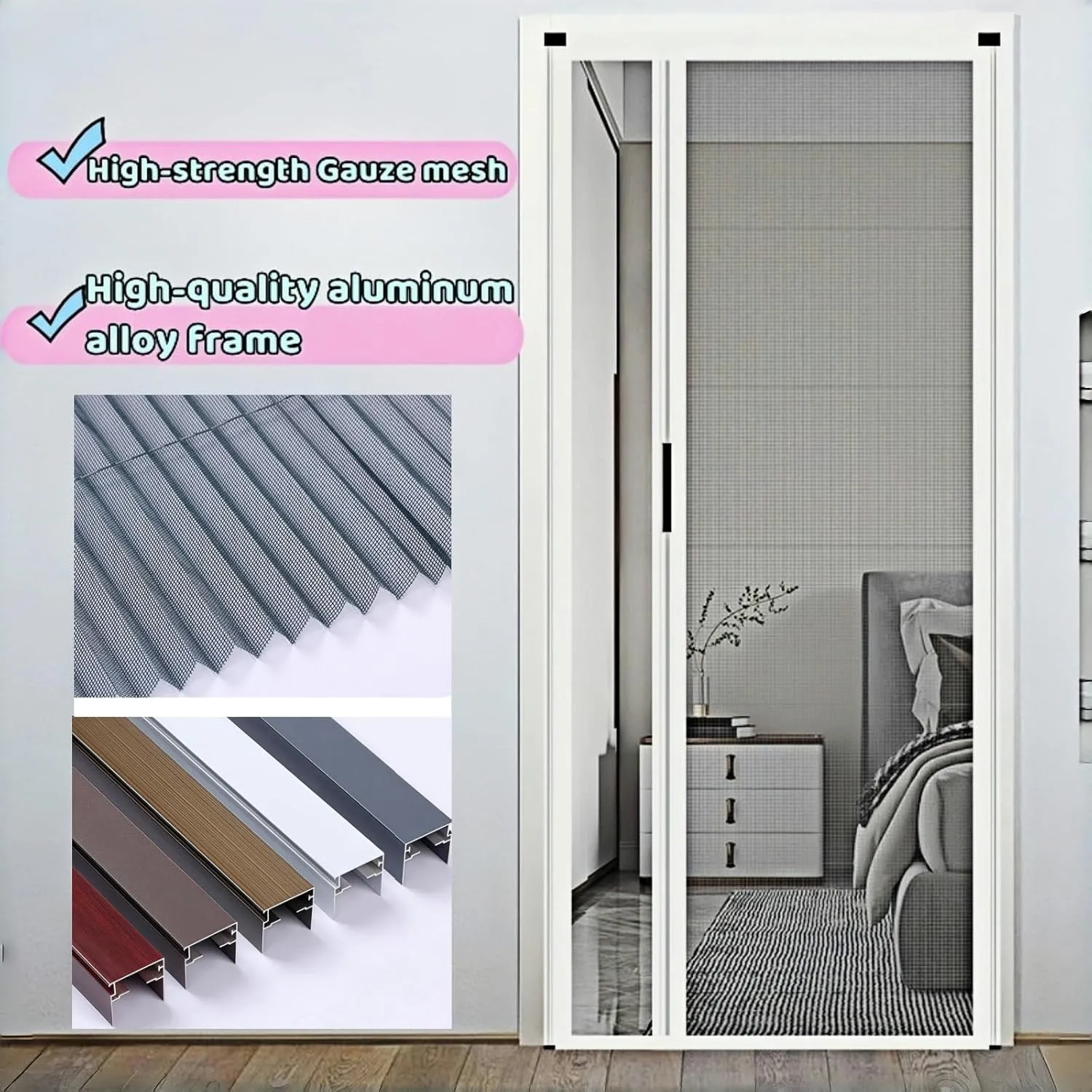 Retractable Screen Door,No-Drilling Folding Screen Door for Single or Double Door,Low-Profile Tracks Sliding Door with Aluminum Frame,Keeping Insects Out,Custom Size (White)