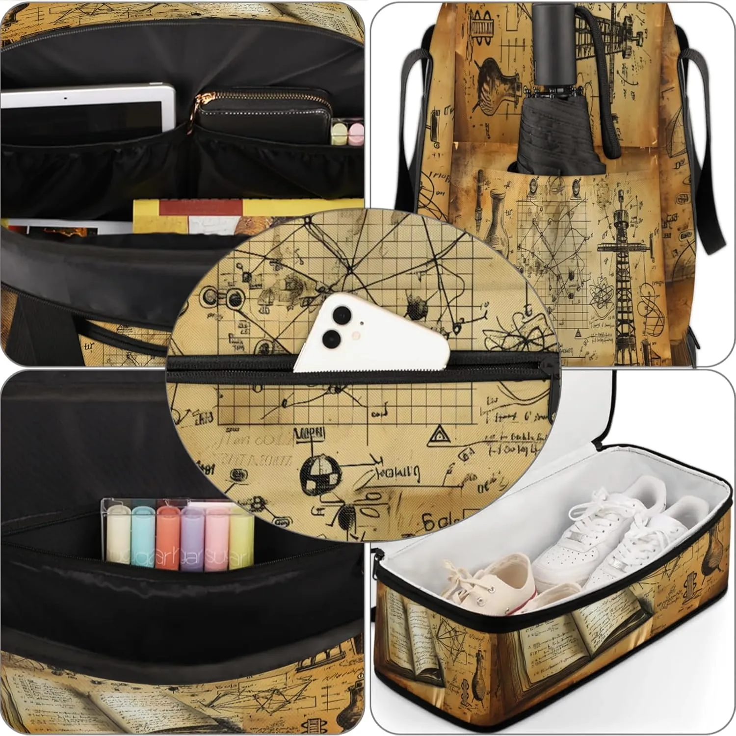 Retro Book Physics Travel Duffel Bags for Women & Men Large Sports Gym Bags Foldie Weekender Overnight Bag Carry On Tote Bag With Shoe Compartment Personal Item Bag for Travel Sports Gym
