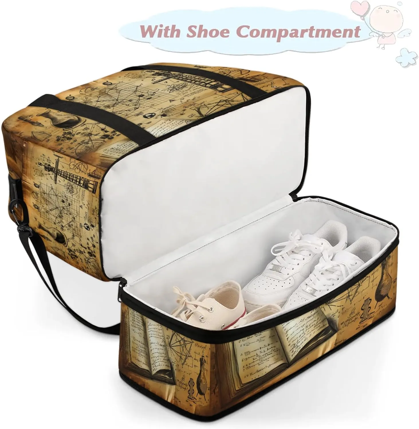 Retro Book Physics Travel Duffel Bags for Women & Men Large Sports Gym Bags Foldie Weekender Overnight Bag Carry On Tote Bag With Shoe Compartment Personal Item Bag for Travel Sports Gym