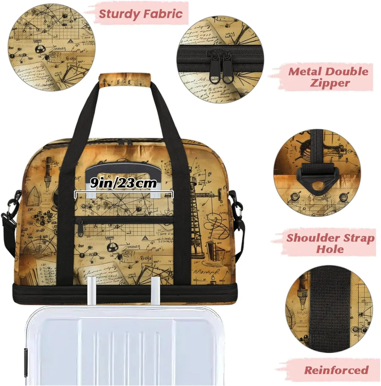 Retro Book Physics Travel Duffel Bags for Women & Men Large Sports Gym Bags Foldie Weekender Overnight Bag Carry On Tote Bag With Shoe Compartment Personal Item Bag for Travel Sports Gym