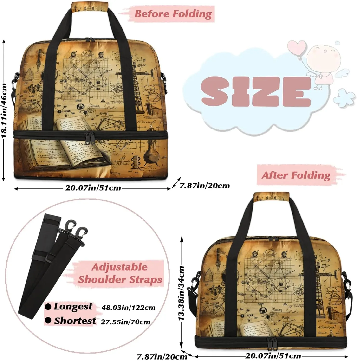Retro Book Physics Travel Duffel Bags for Women & Men Large Sports Gym Bags Foldie Weekender Overnight Bag Carry On Tote Bag With Shoe Compartment Personal Item Bag for Travel Sports Gym