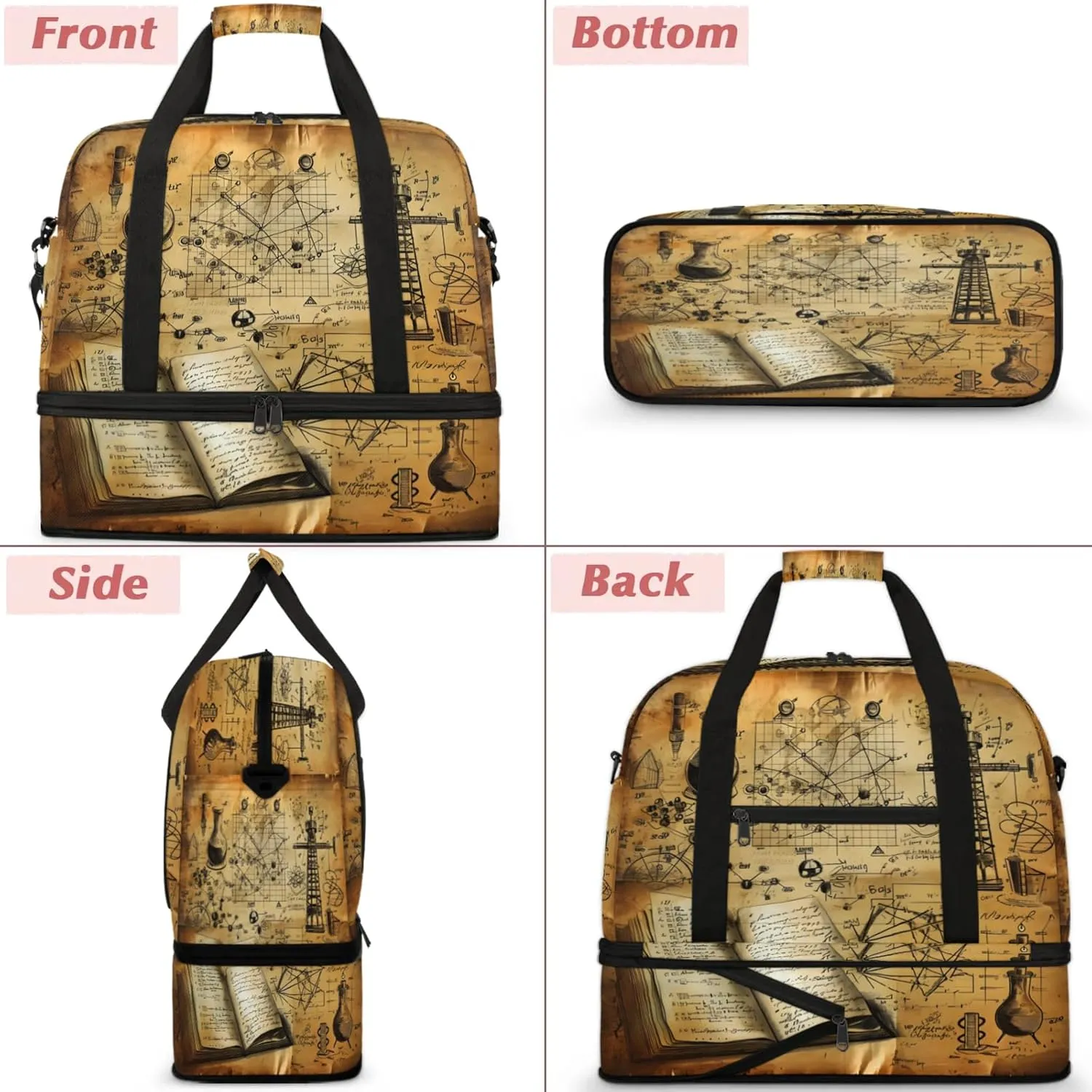 Retro Book Physics Travel Duffel Bags for Women & Men Large Sports Gym Bags Foldie Weekender Overnight Bag Carry On Tote Bag With Shoe Compartment Personal Item Bag for Travel Sports Gym