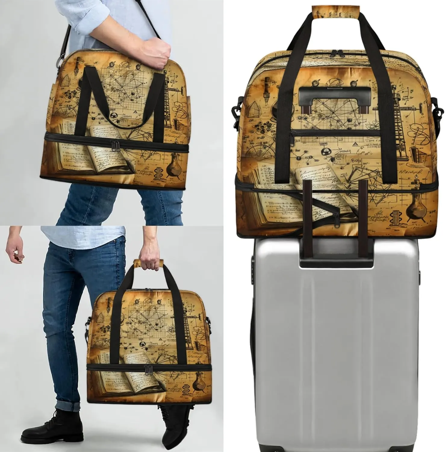 Retro Book Physics Travel Duffel Bags for Women & Men Large Sports Gym Bags Foldie Weekender Overnight Bag Carry On Tote Bag With Shoe Compartment Personal Item Bag for Travel Sports Gym