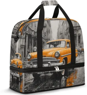 Retro Car Design Foldable Duffle Bag with Shoes Compartment Large Capacity Waterproof Travel Weekender Bag Overnight Bag for Sports Gym