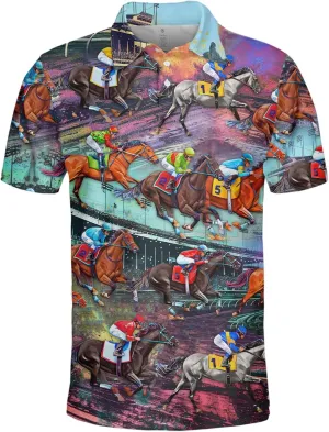 Retro Horse Racing Polo Shirts for Men Horse Racing Golf Polos Mens Polo Shirts Short Sleeve Button Up Shirt Men