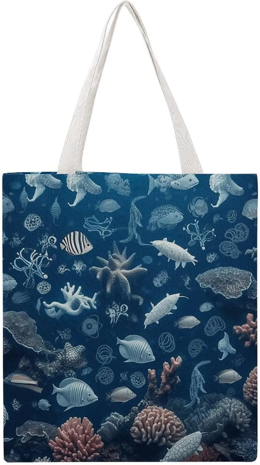 Reusable Grocery Bags Underwater Marine Life Shopping Bag Lightweight Shoulder Bags Large Tote Bag for Travel Work Handbag