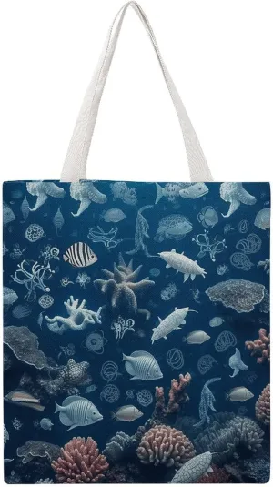 Reusable Grocery Bags Underwater Marine Life Shopping Bag Lightweight Shoulder Bags Large Tote Bag for Travel Work Handbag