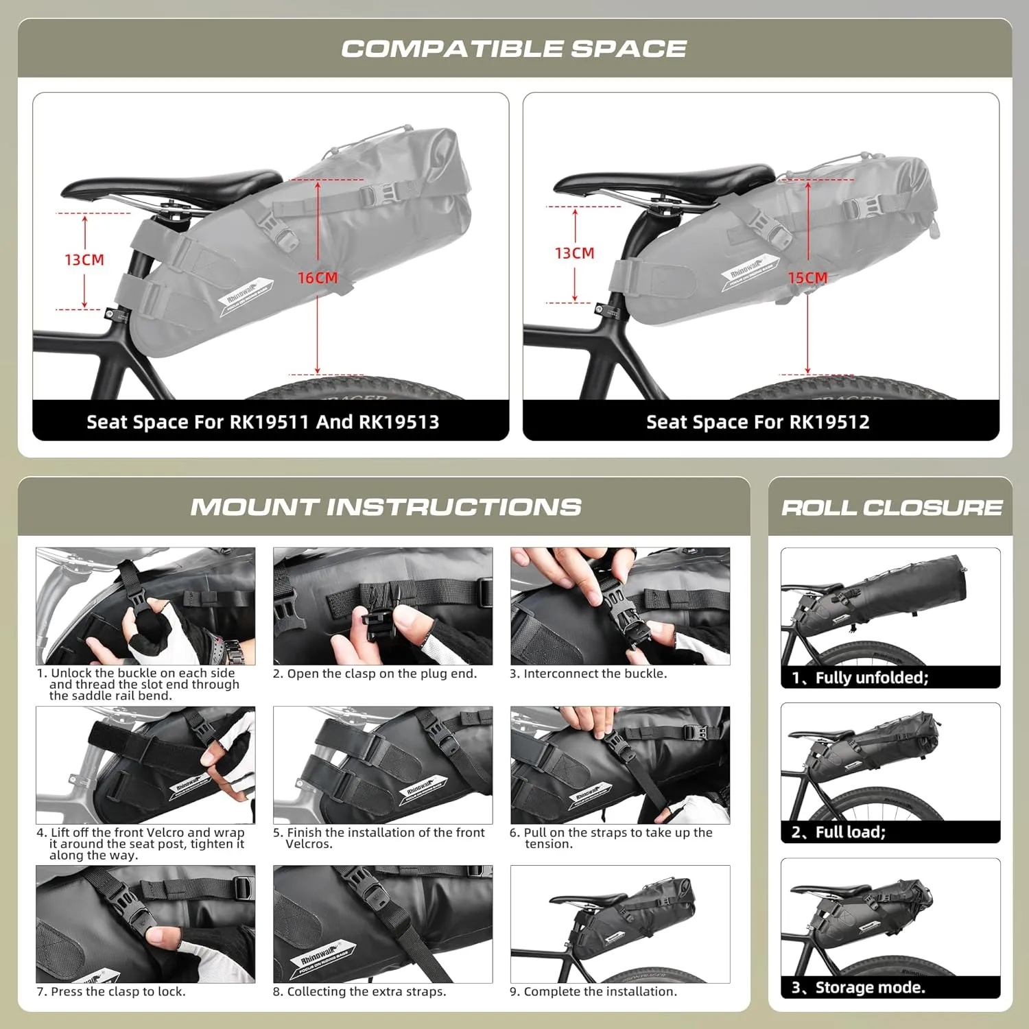 Rhinowalk Bike Saddle Bag Waterproof Bicycle Bag Cycling Seat Bag Mountain Road Portable Storage Bag, 5L