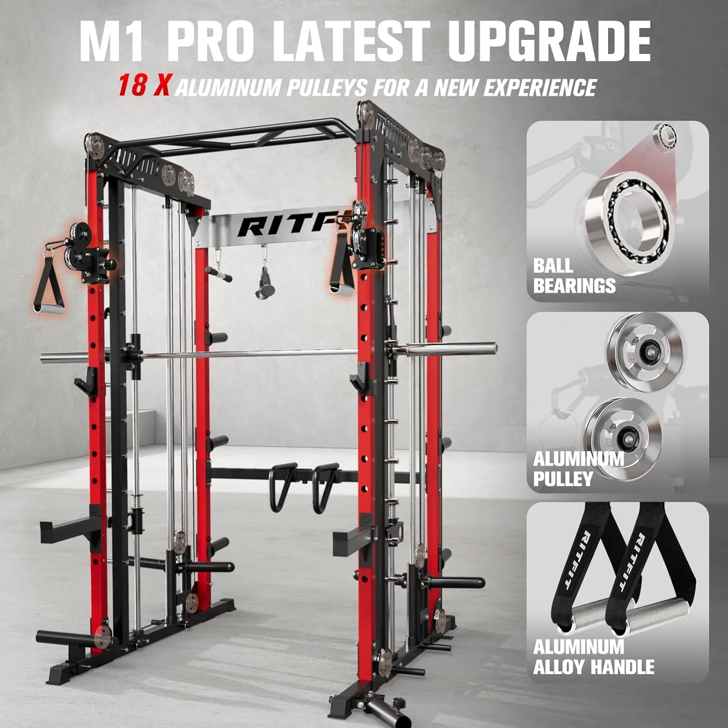 RitFit M1 & M1 Pro Smith Machine Weight Stack Set with Cable Crossover System, Multi-Function Squat Rack Power Cage for Home Gym, Power Rack and Packages