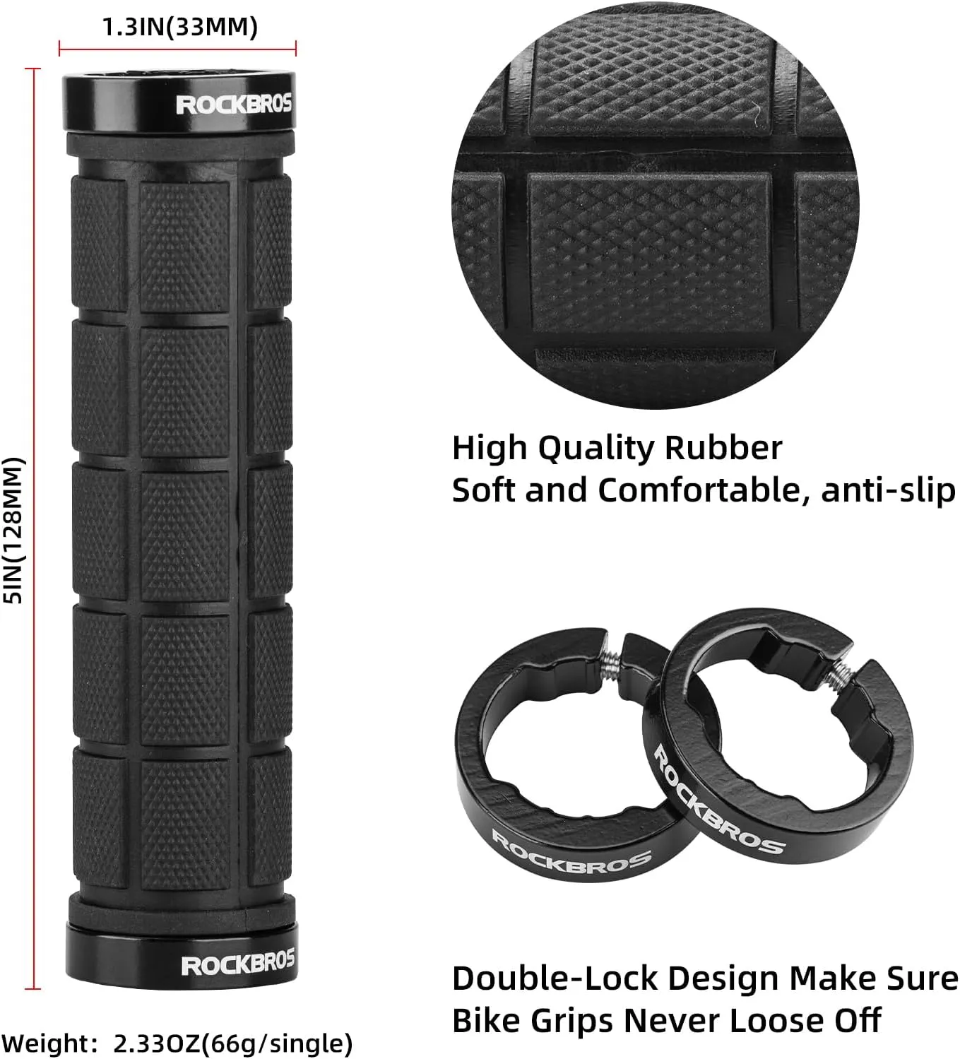 ROCKBROS 4pcs Bike Handlebar Grips - Double Lock On, Comfortable, Anti-Slip for Mountain, BMX, Scooter, Beach Cruiser & Folding Bikes