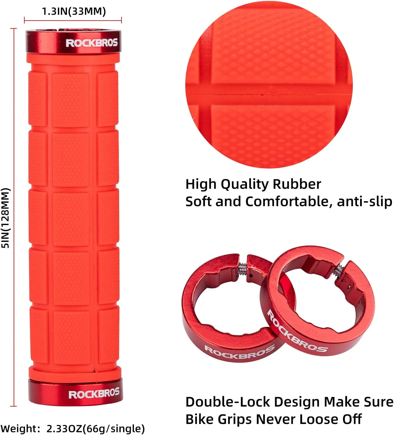 ROCKBROS 4pcs Bike Handlebar Grips - Double Lock On, Comfortable, Anti-Slip for Mountain, BMX, Scooter, Beach Cruiser & Folding Bikes
