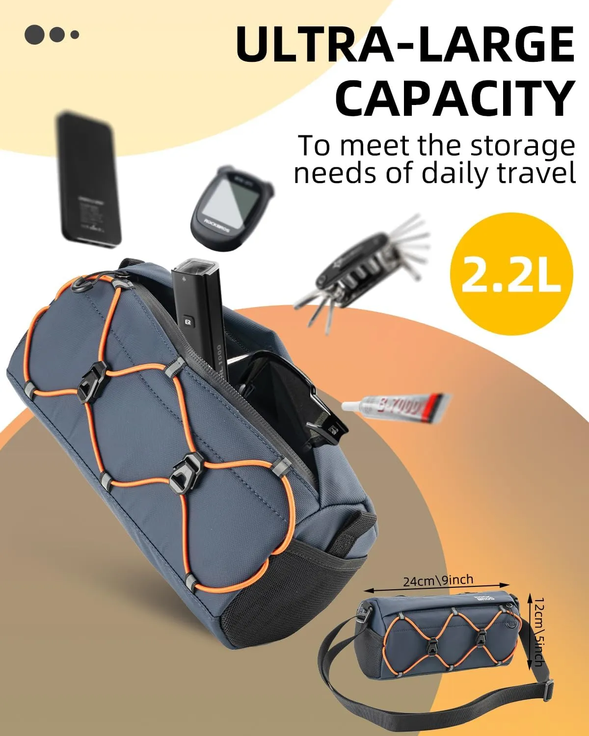ROCKBROS Bike Handlebar Bag, 2.2L Bicycle Handle Bar Bag Portable Bike Front Bag Handlebar Storage Bag with Shoulder Strap