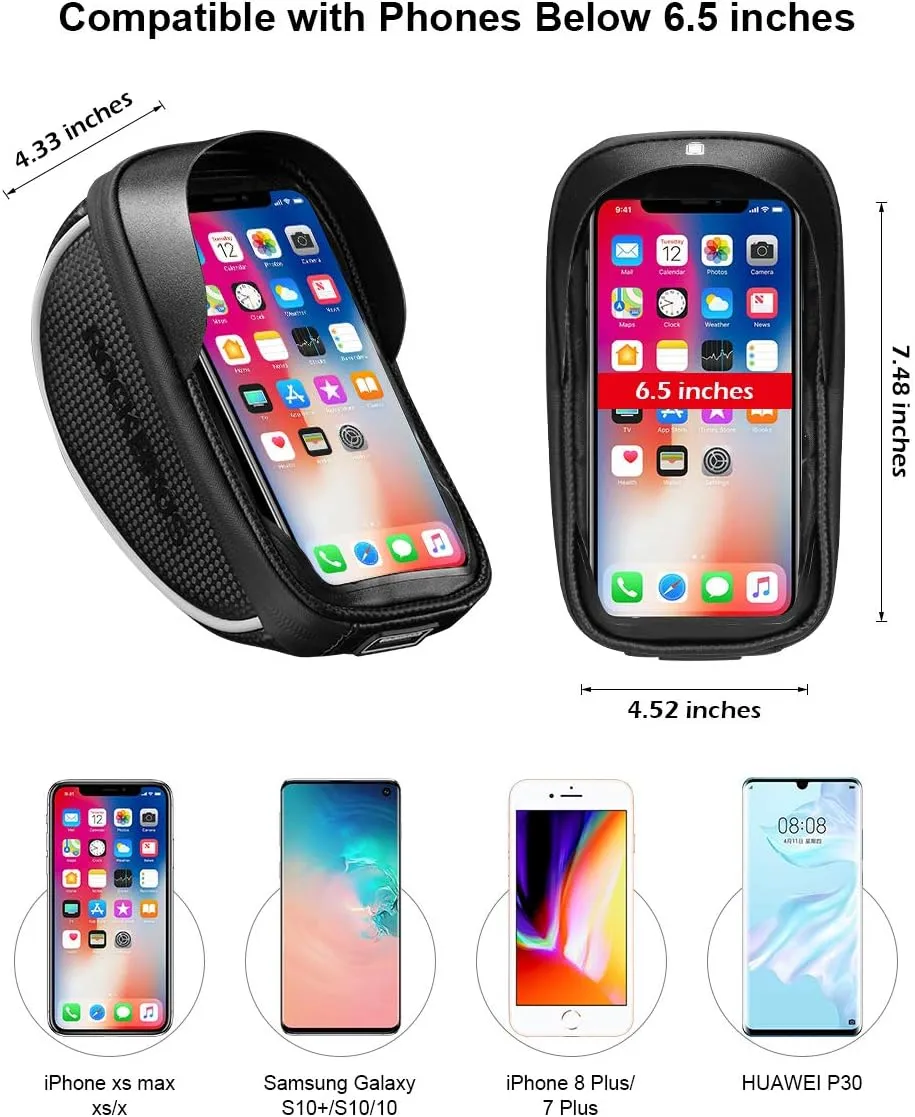ROCKBROS Bike Phone Mount Bag Bike Front Frame Handlebar Bag Waterproof Bike Phone Holder Case Bicycle Accessories Pouch Sensitive Touch Screen Compatible with iPhone 11 XS Max XR 8 Plus Below 6.5"