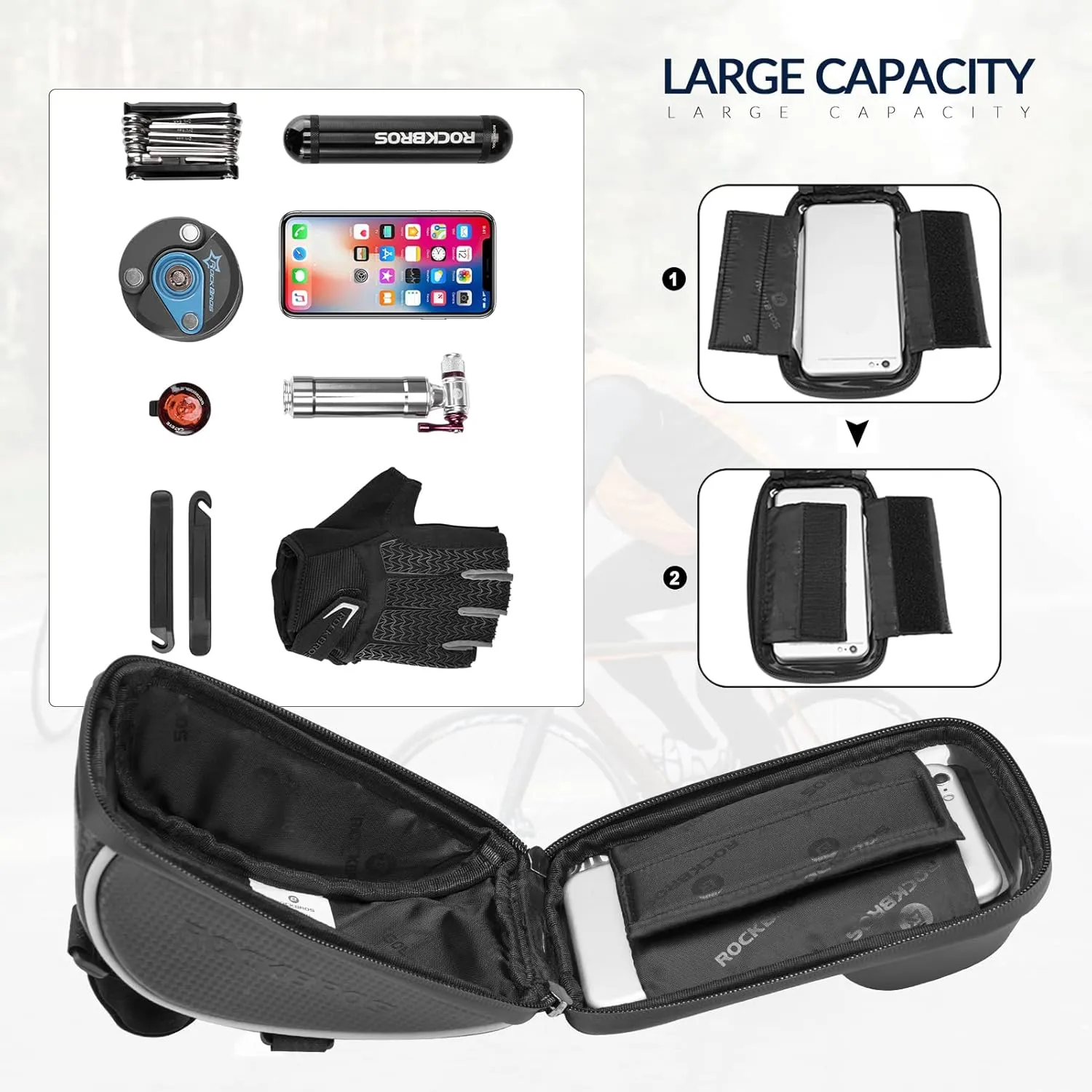 ROCKBROS Bike Phone Mount Bag Bike Front Frame Handlebar Bag Waterproof Bike Phone Holder Case Bicycle Accessories Pouch Sensitive Touch Screen Compatible with iPhone 11 XS Max XR 8 Plus Below 6.5"
