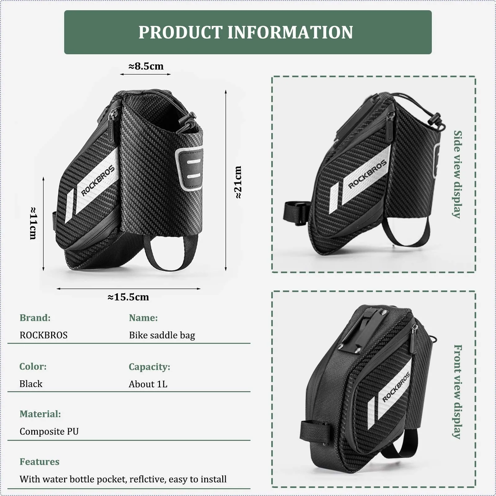 ROCKBROS Bike Saddle Bag Waterproof with Water Bottle Pocket Quick Release