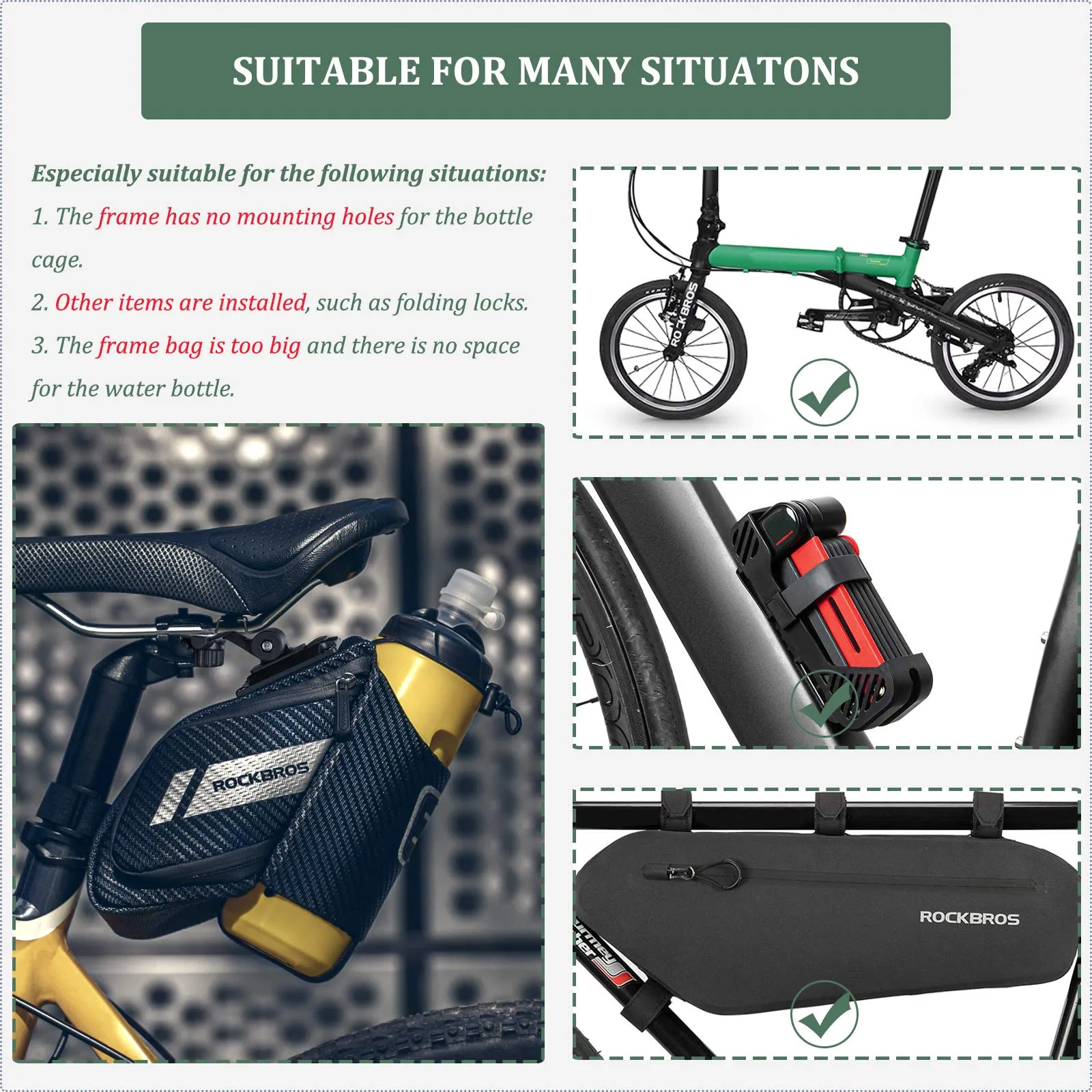 ROCKBROS Bike Saddle Bag Waterproof with Water Bottle Pocket Quick Release