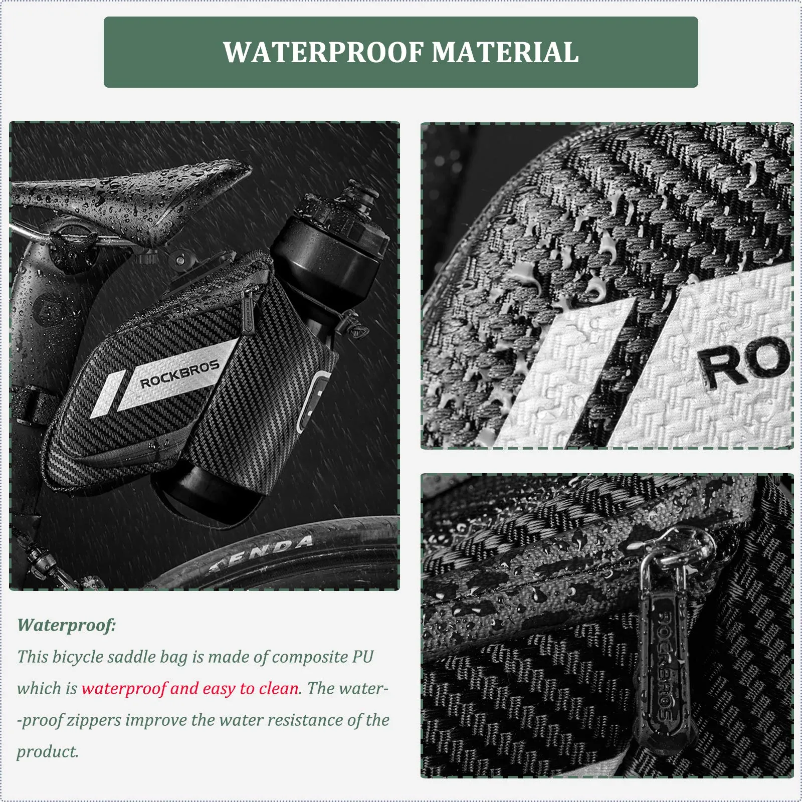 ROCKBROS Bike Saddle Bag Waterproof with Water Bottle Pocket Quick Release