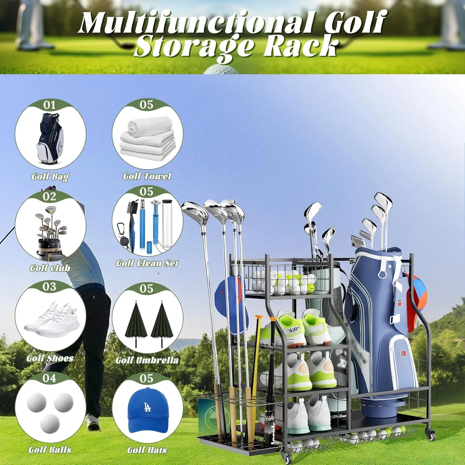 ROOMTEC Golf Bag Storage Garage Organizer,Golf Club Bag Storage Rack for Garage, Extra Storage Rack for Golf Clubs,Golf Bag Organizer Fit for Garage,Shed,Basement