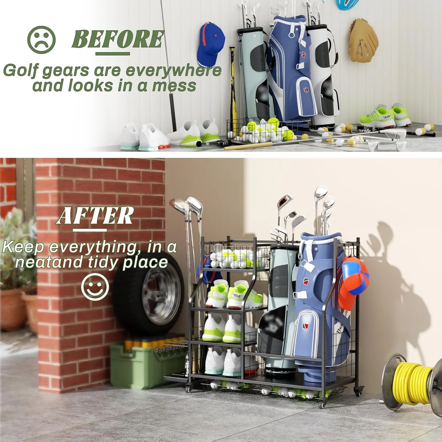 ROOMTEC Golf Bag Storage Garage Organizer,Golf Club Bag Storage Rack for Garage, Extra Storage Rack for Golf Clubs,Golf Bag Organizer Fit for Garage,Shed,Basement