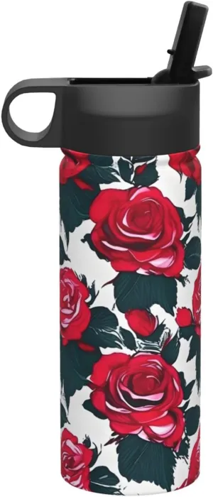 Rose Flower Floral Picture Print Flask Stainless Steel Water Bottle with Straw 18OZ FOR Outdoor Gym Commute
