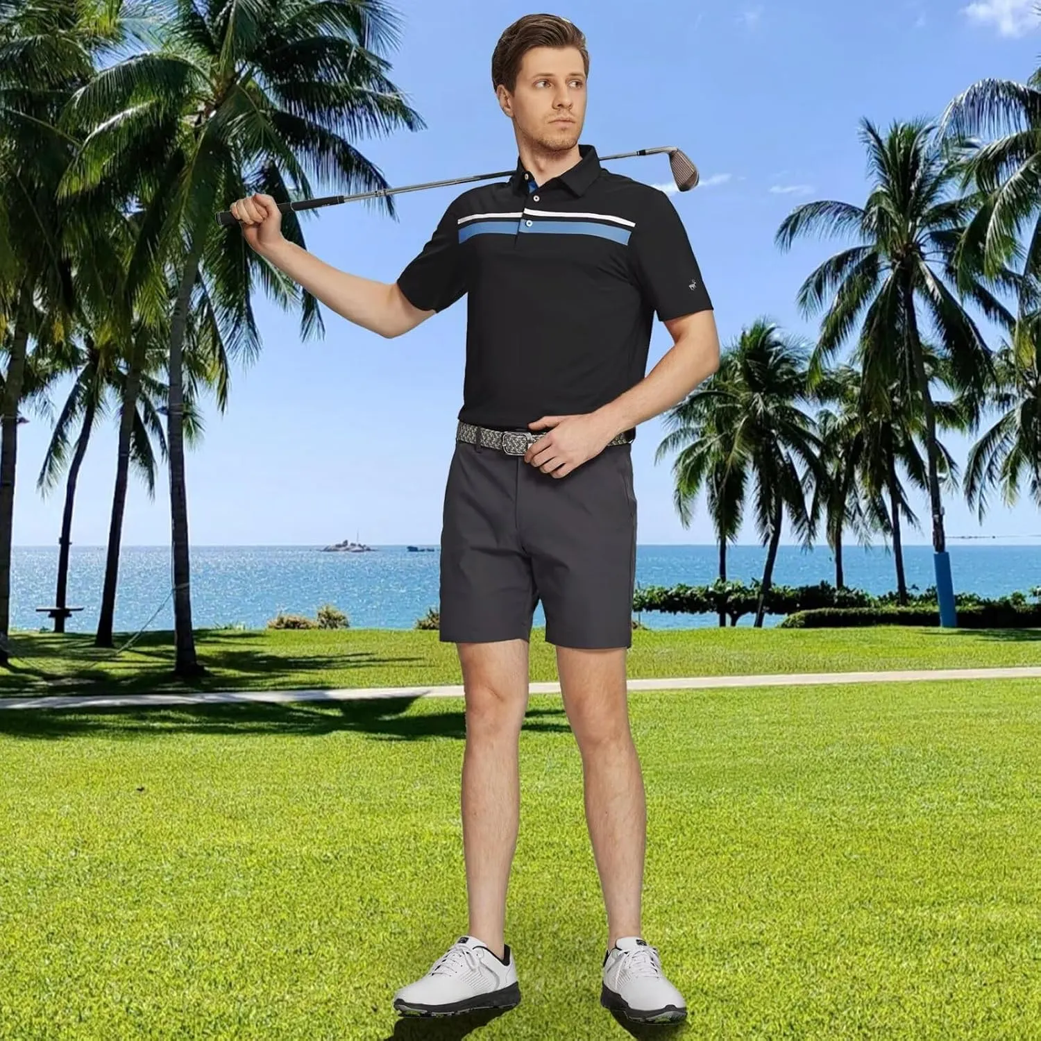 Rouen Mens Polo Shirts Short Sleeve Dry Fit Lightweight Performance Casual Athletic Striped Print Golf Shirts for Men