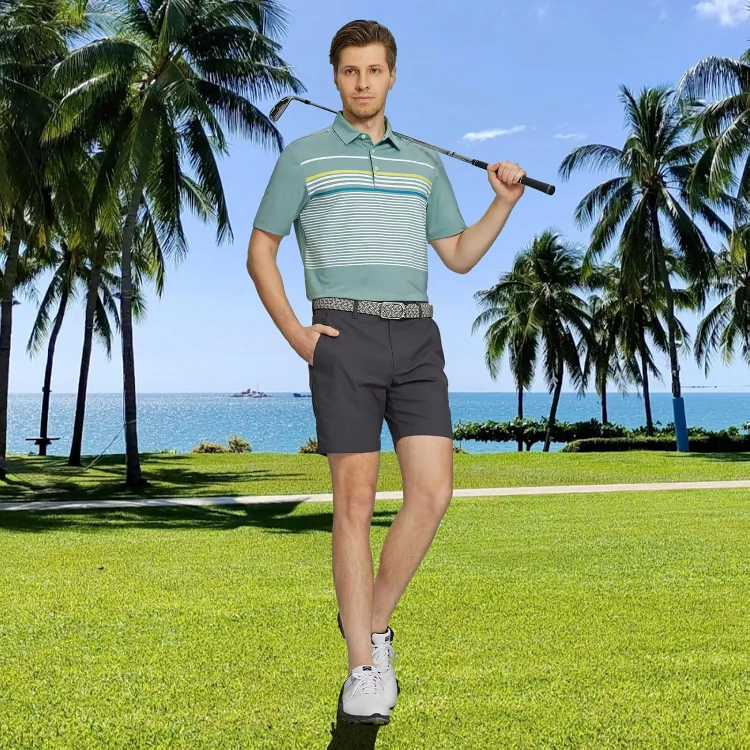 Rouen Mens Polo Shirts Short Sleeve Dry Fit Lightweight Performance Casual Athletic Striped Print Golf Shirts for Men