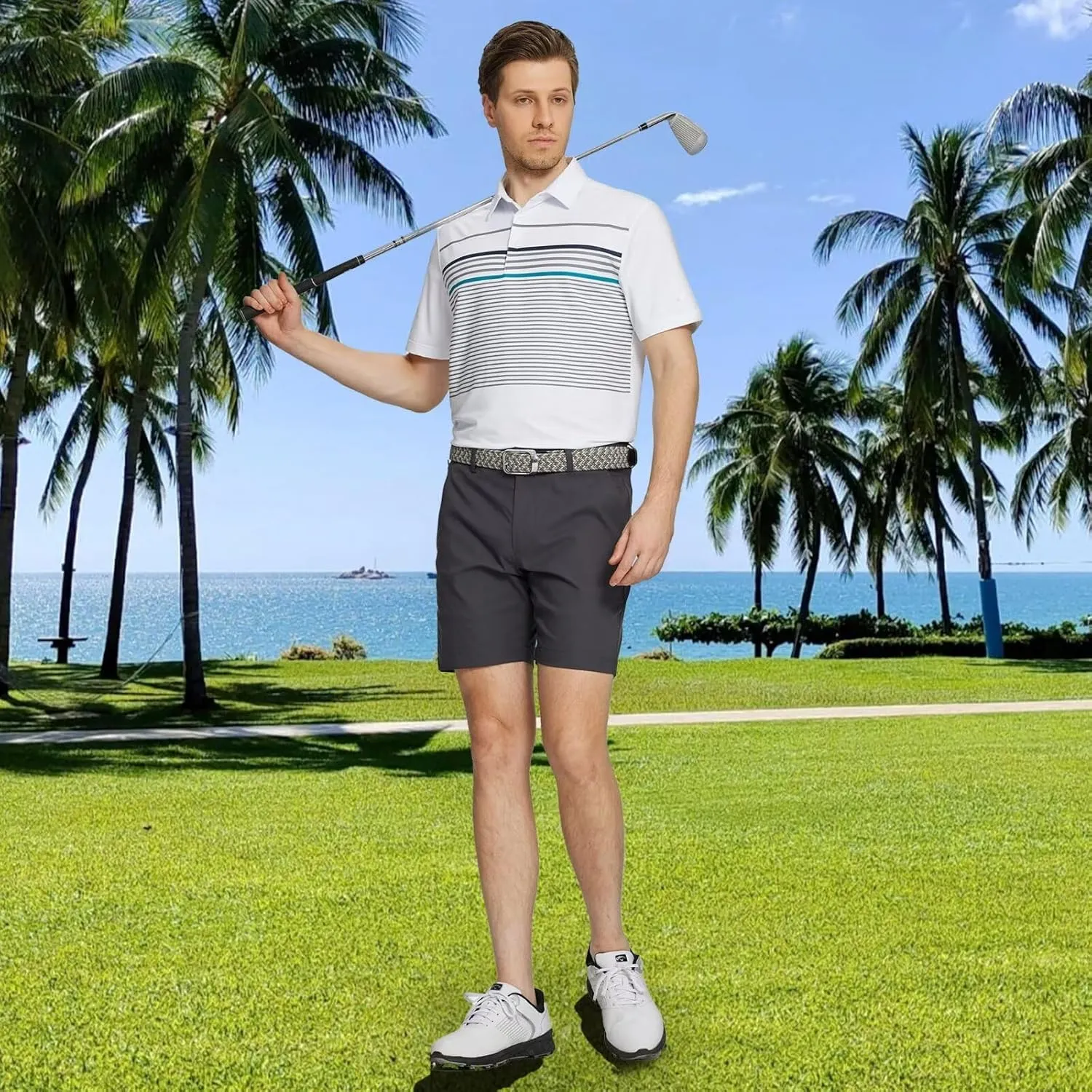 Rouen Mens Polo Shirts Short Sleeve Dry Fit Lightweight Performance Casual Athletic Striped Print Golf Shirts for Men
