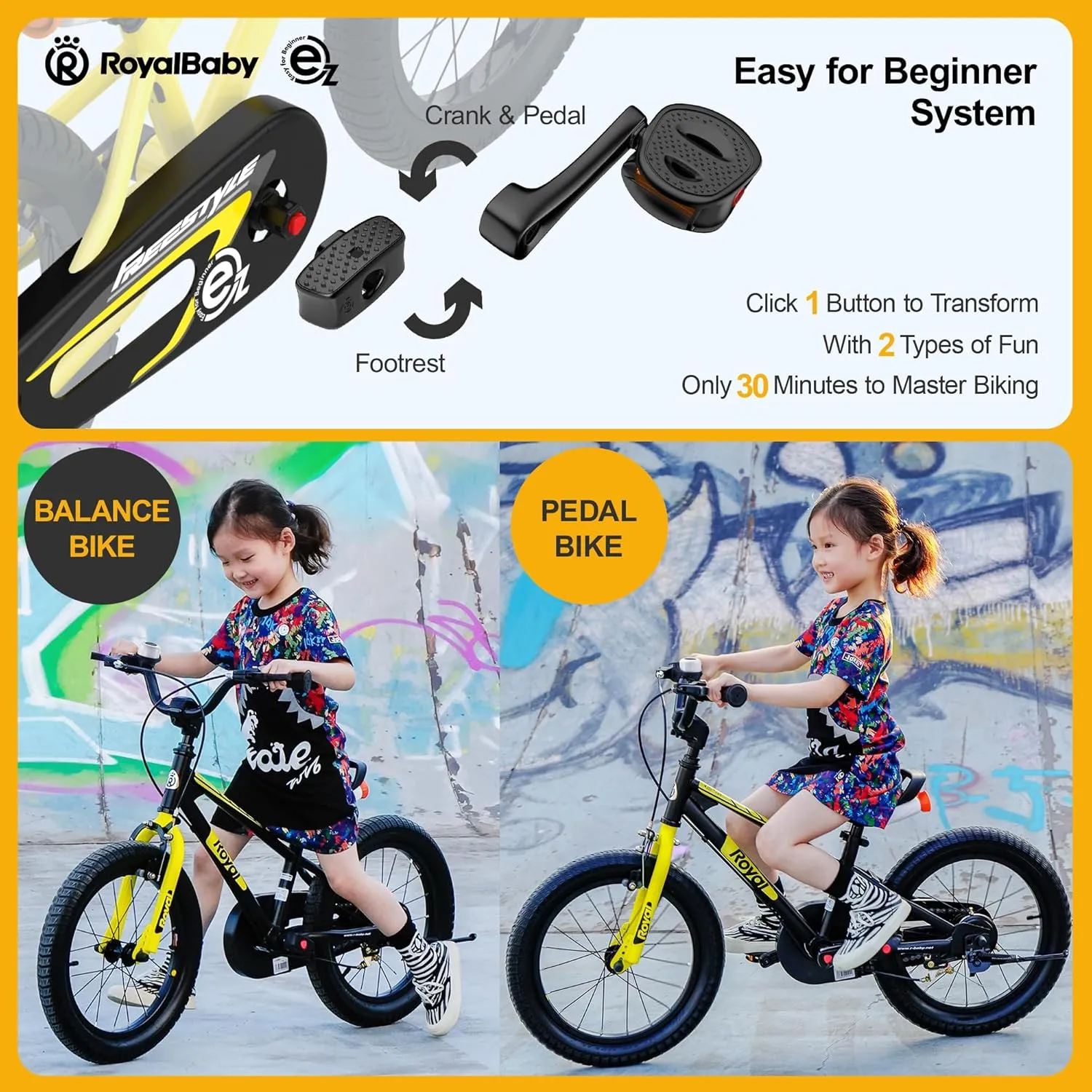 RoyalBaby Kids Bike EZ Balance to Pedal Dual Handbrake Toddlers Boys Girls Bicycle 12-20 Inch for Age 3-10 Years