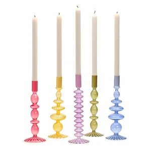 S/5 Multi Colored Hand-Blown Glass Taper Candlestick Candleholders