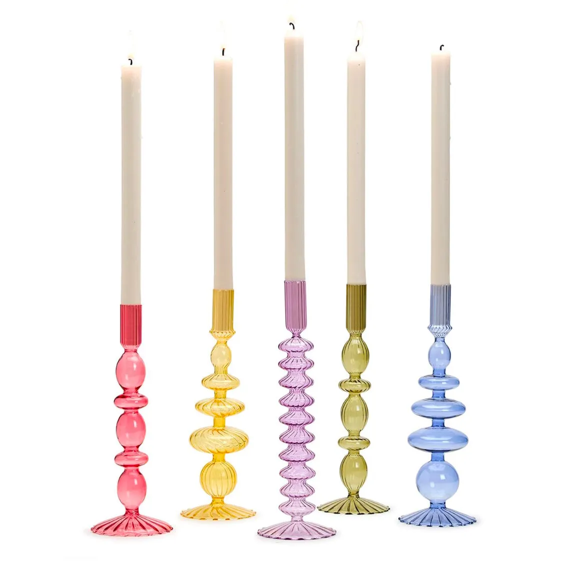S/5 Multi Colored Hand-Blown Glass Taper Candlestick Candleholders