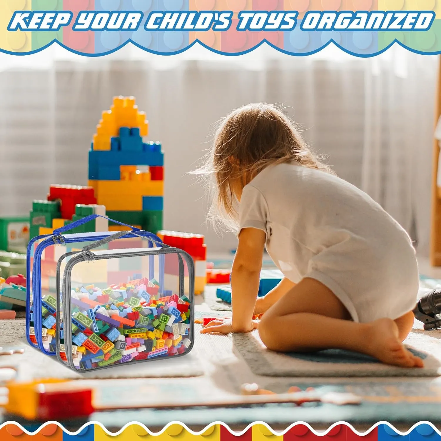 Sanwuta 6 Packs Toy Storage Bags, PVC Organizing Case Bags with Zipper, Waterproof Toy Container for Board Games, Building Blocks, Puzzles, Small Toys and Kids Books(X-Large, Large, Small,Black)