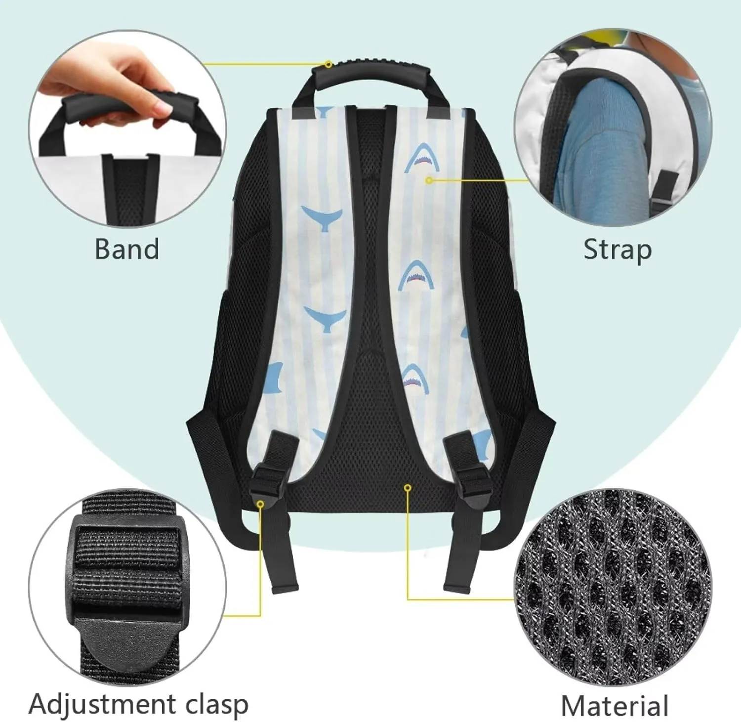 School Backpack with Laptop Compartment - Fully Printed Bagpack for Teens, Includes 2 Side Water Bottle Holders & Organizational Pockets (17.3x12.2x5.9 in) Cartoon Shark Stripe Print