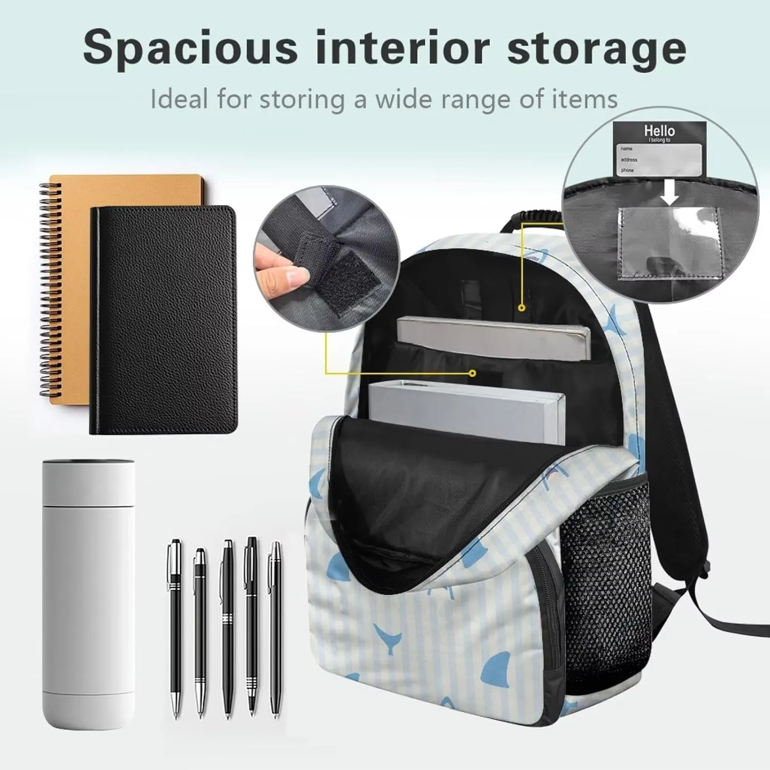 School Backpack with Laptop Compartment - Fully Printed Bagpack for Teens, Includes 2 Side Water Bottle Holders & Organizational Pockets (17.3x12.2x5.9 in) Cartoon Shark Stripe Print