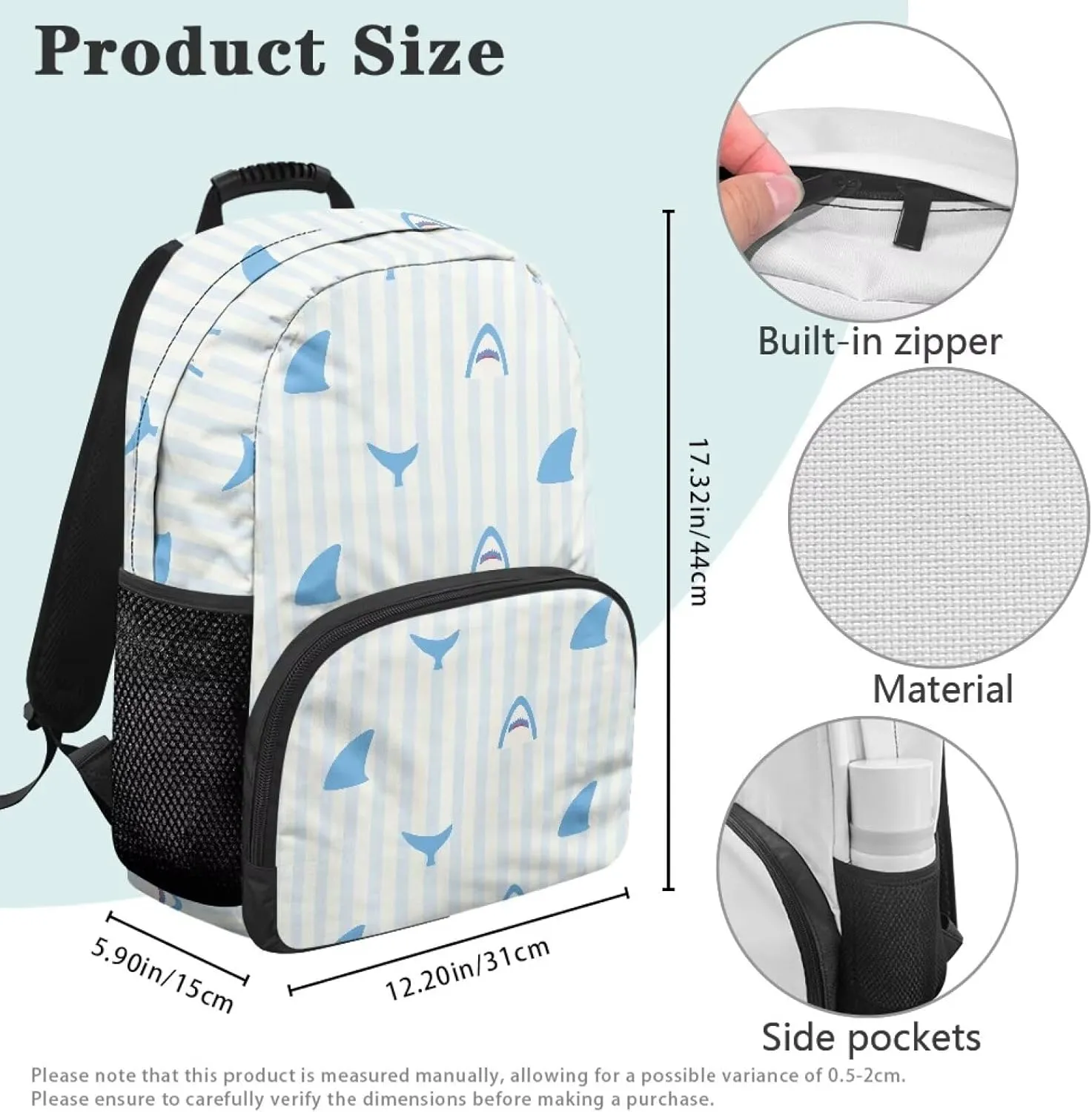 School Backpack with Laptop Compartment - Fully Printed Bagpack for Teens, Includes 2 Side Water Bottle Holders & Organizational Pockets (17.3x12.2x5.9 in) Cartoon Shark Stripe Print