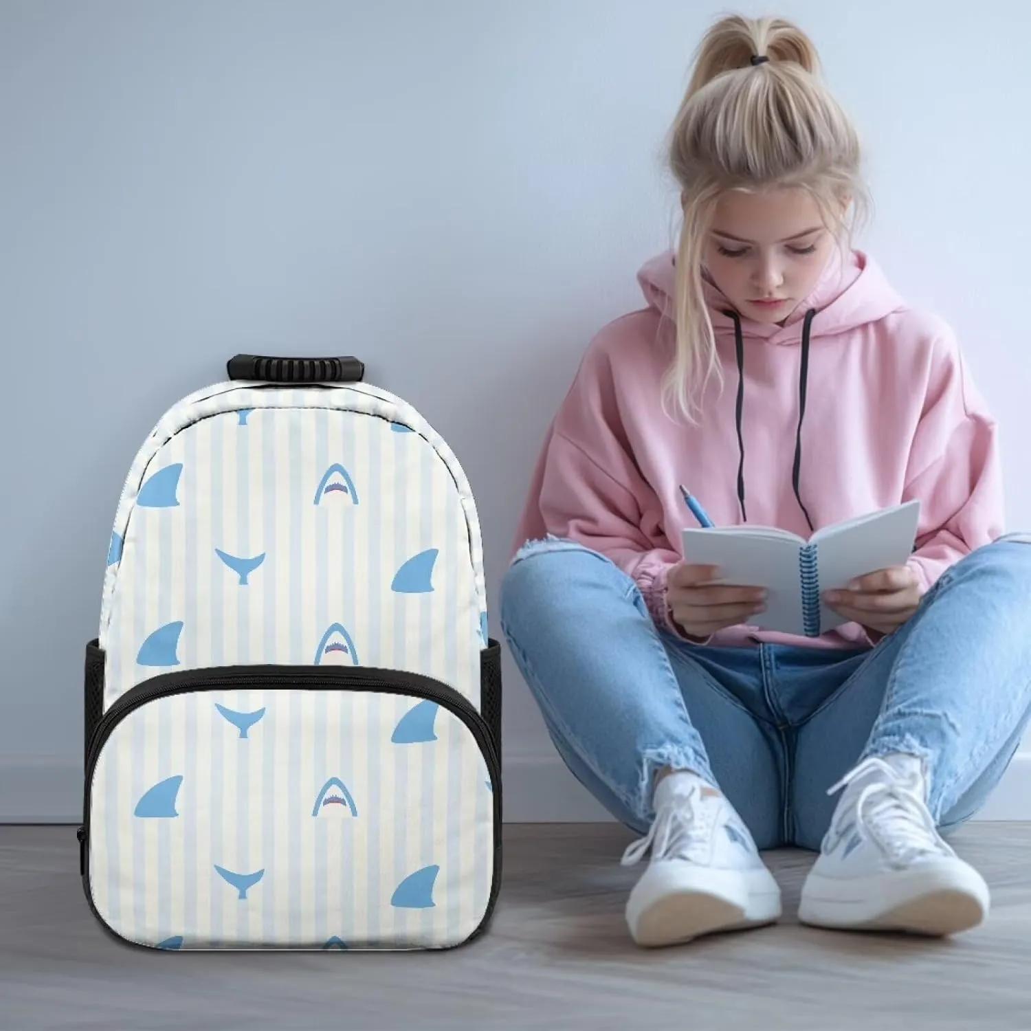 School Backpack with Laptop Compartment - Fully Printed Bagpack for Teens, Includes 2 Side Water Bottle Holders & Organizational Pockets (17.3x12.2x5.9 in) Cartoon Shark Stripe Print