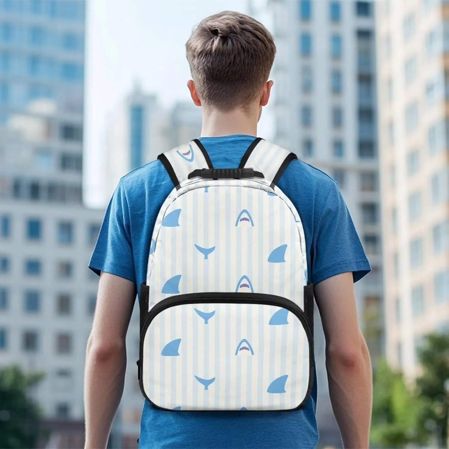 School Backpack with Laptop Compartment - Fully Printed Bagpack for Teens, Includes 2 Side Water Bottle Holders & Organizational Pockets (17.3x12.2x5.9 in) Cartoon Shark Stripe Print
