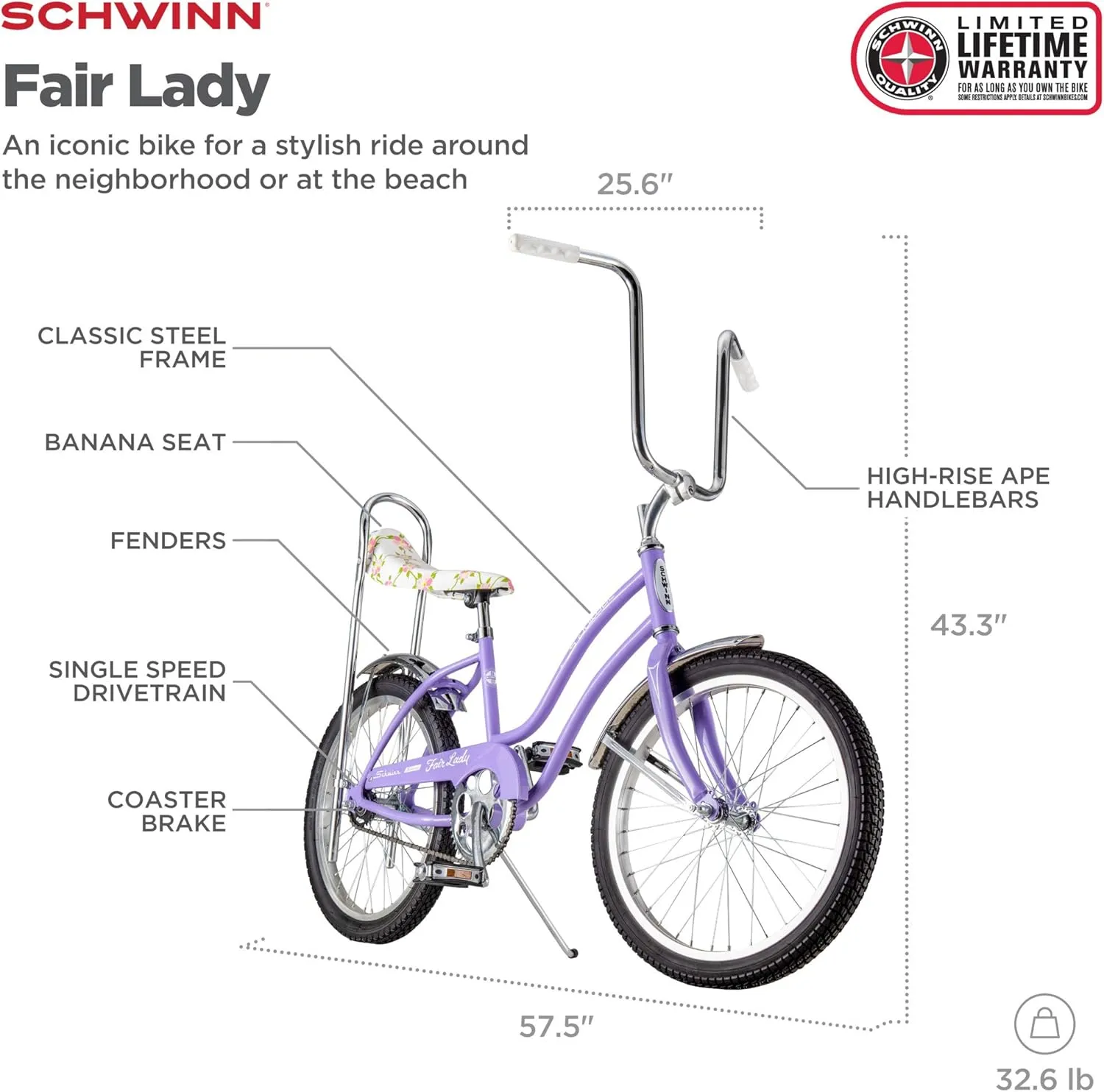 Schwinn Classic Sting-Ray and Fair Lady Beach Cruiser Bike, for Boys and Girls, 20-Inch Wheels, Single-Speed, High Rise Ape Handlebars, Coaster Brakes