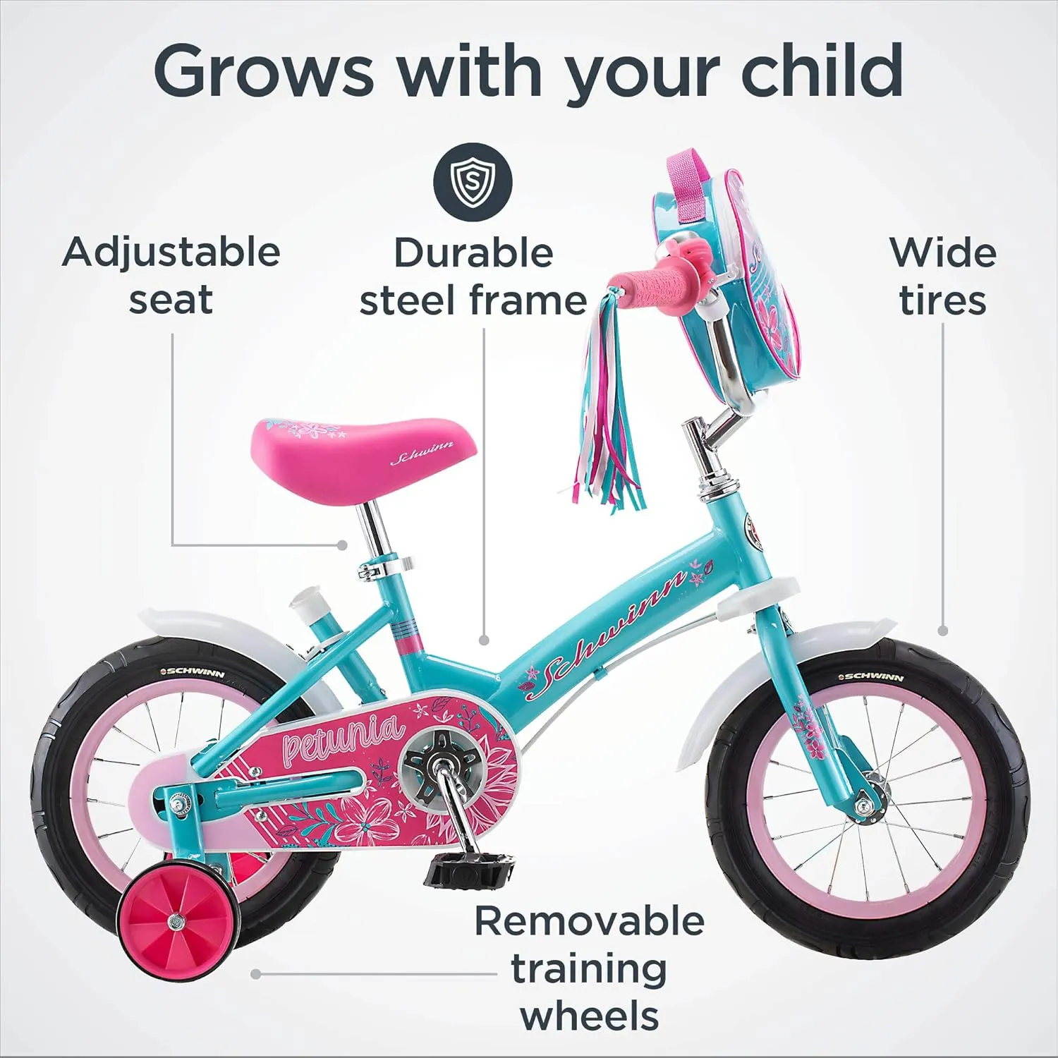 Schwinn Grit and Petunia Push Steer and Ride Kids Bike, For Boys & Girls Ages 2-4 Year Old, Rider Height 28-38 Inch, 12-Inch Wheels, Training Wheels, Detachable Push Handle with Water Bottle & Holder